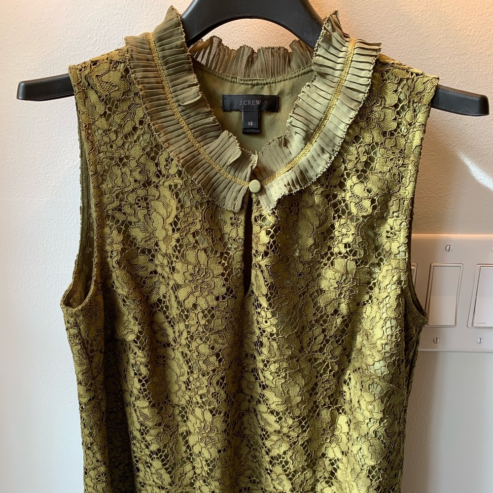 J Crew chic lace top. Stylish neck; cool chartreuse green; semi fitted.